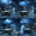 **6 Person restaurant room interior space rendering. Sea-Carved Grotto (Primitive Cave Style). Theme is Natural cave wonders sculpted by ocean waves. Hand-carved mineral paint mimicking rock texture, embedded with fossilized shells & glowing crystal clusters. Irregular dome covered with deep blue starry stretch ceiling, hanging stalactite-shaped lights. modern marble round table and chairs. Water curtain at entrance creates cave "water seepage" effect . high detail, hyper quality,high resolution.** - Variations (Strong) by <@1071797316660506746> (fast)