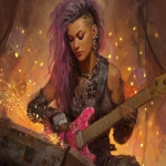**heavy metal femme glamrock reptilian 80s hair bandsaw sawing through electric guitars, sparks and debris flying everywhereas the band plays down with the thickness --p djcuvnt ht8lvr3 --ar 4:3** - Image #2 <@948741381743083580>