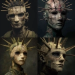 **a front facing mannequin with a few different sized spikes coming from its face, the mannequin has cuts and damage all over its face, male figure, stitches on face, tattered and torn details, dark eyes, very dark background, dark green colors, high detail, horror inspired --v 7.0** - <@702122213033246720> (fast)
-# Create, explore, and organize on [midjourney.com](<https://midjourney.com/imagine?from_discord=1>)