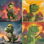 **a green Tyrannosaurus rex cartoon, wearing a construction hat, smiling dinosaur, holding power tools, volcanoes in the background --v 7.0** - <@613776001259798675> (fast)