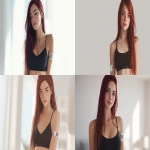 **a realistic digital medical illustration of a young woman with long, straight, deep red hair, dark brown slant eyes, wearing a black spaghetti top tank. A continuous glucose monitor is visible on her upper arm. She has a natural, healthy physique and a confident, serene expression. The setting is bright and minimal, evoking positivity and wellness, with soft natural lighting and realistic proportions, on the back there are Swiss Alps --ar 16:9** - <@153912116150140929> (fast)