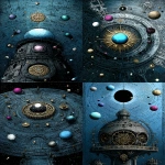 **<https://s.mj.run/NVP-tOZTtog> Gorgeous intricate pen and ink illustration reminiscent of an etching with lined patterns and textures on every surface depicting a huge beautiful mechanical steampunk model of the universe with many moving parts in three dimensions, showing the movement of planets and stars around the earth at the center as described in the Almagest by Ptolemy in the second century AD., parts made of gold, encrusted with precious jewels, intricate fillegree, concentric circling orbits, and transits, mathmatical, and complex, in blue, red, green, pink, purple, white and gold --chaos 50 --ar 2:3 --seed 242574283 --raw --sref <https://s.mj.run/K9rSKwmG_aI> --sw 999 --stylize 999 --iw 0.9 --v 7.0** - <@688195114849271814> (relaxed)
