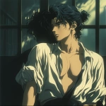 **1980s anime still, men with dark hair and bun, dark, little horror --niji 6 --raw --s 1000** - Image #1 <@1076116781065850901>