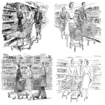 **line drawing. 1950. In France, two women and a man each push their shopping cart through the aisles of a supermarket. On the shelves: bottled beer and canned goods. --ar 11:9** - <@427585336424661004> (relaxed)