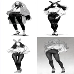 **A full-body black-and-white illustration in a vintage anime style. The person has long hair flowing down their back and is wearing an oversized shirt. Underneath, they are wearing tight dark-colored jeans and high heels. Their head is a rabbit robot. --ar 29:64 --v 7.0** - <@852041915598635039> (fast)