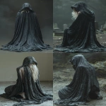**Back view of a hooded figure in a large black textured cloak, kneeling low, body turned slightly left but mostly facing forward so her back is clearly visible. The cloak drapes fully to the ground, covering her feet. Hood up, concealing head, faint pale blonde strands of hair escaping at the sides. Dark, cinematic, moody atmosphere with shadowy lighting to match a graveyard scene. --ar 2:3 --v 6.0 --s 800 --no face, no cartoon, no anime, no 3d, no text, no gravestone --raw** - <@1244098075421708410> (relaxed)