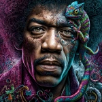 **Jimi Hendrix with eyes made of chameleon skin, surrounded by colorful psychedelic patterns and symbols, in the style of James Rink, a fusion between Ed Roth's Dada art and David Trubridge. --s 250 --v 7.0 --p wtnwbwi** - Image #1 <@1067908663542546473>