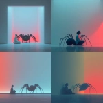 **a woman sits on the floor with her legs crossed, next to an enormous black spider sitting at attention in front of her, against a white wall, in a minimalistic digital art style, with pastel colors and a red and blue gradient lighting, in the style of christopher balaskas. --v 7.0** - <@1282363709964025901> (fast)