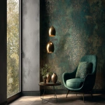 **Dark green and gold vintage wallpaper with a metallic sheen, intricate patterns, and a luxurious feel, set in a dark room. An elegant armchair and coffee table sit in front of the wall, with soft lighting casting gentle shadows on the textured surface. --ar 3:2** - Image #1 <@1313000520759377972>