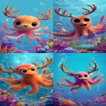 **a fun, realistic-cartoon style octopus with big deer antlers, bright expressive eyes, and a happy playful smile; smooth, vibrant skin with soft shading for a semi-realistic look; the antlers are large, detailed, and slightly sparkly for a whimsical vibe; the octopus is floating underwater, surrounded by colorful coral, tiny fish, and floating bubbles that add to the fun mood; dynamic pose with tentacles waving joyfully; vibrant color palette, clean outlines, cute energy, Pixar-inspired style, crisp lighting, high-detail cartoon realism --ar 9:16** - <@228720634434289665> (fast)