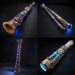 **natural wood didgeridoo-trumpet hybrid instrument, lots of steel trumpet valves, complex protruding metal trumpet valves, dark background, high-tech cyber didgeridoo trumpet, futuristic design, cyber aboriginal artwork, sidelit, thin blue neon striplights, silver didgeridoo --v 6.0** - <@994500001264840706> (fast)