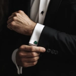 **A man wearing an elegant suit with simple yet sophisticated design. The focus is centered around one of his hands reaching for or lifting up to show off the stylish Cufflinks made from polished green dolomite crystal, creating a visually appealing contrast between a white shirt sleeve and black jacket., ultra-realistic photograph captured, high-resolution 20 megapixel with sony A7iii --ar 40:41 --v 7.0** - Image #4 <@1064451214823129168>