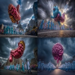 **A lively outdoor scene of a giant Thanksgiving Day parade balloon shaped like a detailed, anatomically accurate but friendly-looking human colon floating above a city street. The balloon is held by a large group of people in coordinated formation, dressed as various healthcare professionals doctors, nurses, surgeons, and lab technicians all smiling and guiding the balloon with ropes. A storm is brewing overhead, dark swirling clouds, high winds tugging at the balloon, dramatic lighting, rain beginning to fall, yet the parade continues with determination. Realistic lighting, crowd in the background, photojournalistic style, ultra-realistic photography, taken from a low angle showing the massive scale of the colon balloon, dynamic perspective, colorful parade uniforms, depth of field, crisp details --ar 16:9 --v 7.0** - <@1138484847065698314> (fast)