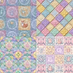 **Seamless repeating pattern of Spanish-style moonstone tiles, intricately designed with rounded, ornamental edges and soft ceramic texture. Each tile is a unique candy color--pastel pinks, mint green, lavender, butter yellow, baby blue--arranged in a harmonious, playful palette. Hidden within the tile details are whimsical, stylized illustrations of cute woodland creatures (like chubby squirrels, owls, foxes, and hedgehogs) and friendly mythical creatures (like baby dragons, unicorns, and gnomes), subtly integrated into the tile motifs. Highly detailed, soft lighting, pastel aesthetic, ultra-cute and magical tone, flat lay design, vector-style clarity, perfect for children’s decor or fabric print. No harsh shadows --v 7.0** - <@508726899095240716> (fast)