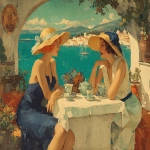 **<https://s.mj.run/kpWIqgf0c1A> pochoir illustration, hand-stencilled color, art deco fashion plate of two elegant women sharing afternoon tea on a sunlit terrace overlooking the Mediterranean, French Riviera, early 20th-century elegance, wide-brim straw hats with ribbons, provocative flowing dresses, intimate feminine friendship, relaxed posture, gossip, laughter, porcelain teacups and floral bouquet on a white tablecloth, turquoise sea with a small boat in the distance, arched terrace framing the view, golden afternoon light, dreamy atmosphere, romantic, calm, aspirational lifestyle, timeless femininity, gentle color harmony, interior-design friendly, nostalgic yet modern, Pastel colors --ar 5:4 --stylize 500 --chaos 6 --v 7.0 --iw 0.5** - Image #4 <@988364629556199494>