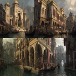 **A golden-ornamented merchant palace rising over Ilrien’s canalfront, lined with exotic goods, silk banners, and armored gondoliers unloading lavish cargo. Fine-robed nobles and accountants pass beneath gilded arches, abacuses and scrolls in hand. Intricate carvings, merchant sigils, and guarded vault doors suggest immense wealth and quiet menace. Venetian-Byzantine architecture, dramatic overcast lighting, opulent but restrained color palette, cinematic framing --ar 2:1** - <@197135255692509185> (fast)