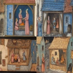 **Medieval illuminated manuscript scene depicting family inside a simple wooden home wearing winter rags; a child huddled by a smoky fire pit], flat perspective, rich saturated colors, delicate black outlines, 14th century European manuscript style, parchment texture, simplified stylized figures with pale complexions and rosy cheeks, architectural background with blue-gray walls, minimal shading, historical accuracy, --ar 16:9 --v 6.1 --raw** - <@1168965155363762248> (fast)