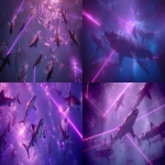 **an overhead pov of a pack of Sharks with Laser beams attached to their freaking heads, the water has a purple hue, the lasers as a vibrant color --ar 16:9** - <@1145989963998035978> (fast)