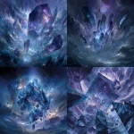 **A towering structure shatters into floating, crystalline shards suspended in midair, each shard reflecting different alternate futures and symbolic scenes. The shards form a fragmented kaleidoscope of possible realities, glowing with ethereal blues, purples, and silvers. The background is a swirling cosmic storm with hints of stars and nebulae, emphasizing the concept of multiple timelines. Sharp geometric patterns weave through the composition, creating a sense of shattered time and space. Dramatic lighting highlights the fractured edges, giving the piece a mystical, surreal atmosphere.** - <@189255832385486848> (fast)