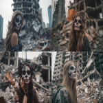 **Woman with skull make up standing over destroyed building in city with debris and collapsing, Ghost city, Halloween mystery concept, --ar 3:2** - <@1101345517448986756> (fast)