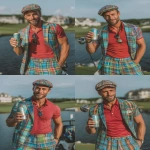 **Realistic photo of a 25-year-old Caucasian male golfer on a real golf course, wearing bold blue and green plaid pants, a red polo shirt, and a plaid newsboy cap. He’s smiling naturally. Holding a driver over his shoulder in one hand and a slim beverage can in his other hand. Realistic skin texture, light stubble, confident posture. Daylight, soft shadows, no filters. Candid style photo taken with a Canon EOS R5 and 85mm lens, shallow depth of field, natural color, no retouching. Looks like a professional lifestyle shoot for a golf brand ad. --v 7.0 --ar 3:4 --quality 2 --s 250 --no illustration, painting, fantasy, anime, 3d, cgi --raw** - Variations (Strong) by <@896806669613408316> (fast)