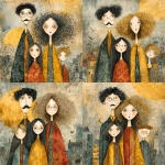 **whimsical photorealistic illustration of a fathers d mother with their girl and boy, father has black hair and a moustache, he’s wearing glasses, mother has curly blonde hair and she’s wearing glasses girl has dark brown hair and she’s wearing glasses, son has light brown hair --v 7.0 --p b3kgthr --s 750** - Variations (Strong) by <@520759084903956481> (fast)