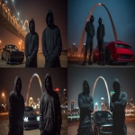 **2 St. Louis Based Rappers, wearing all black, black masks and hoods, gloves, up close and personal 8k professional photography shoot for an album cover, low light night time dynamic and cinematic. Under the Gateway Arch Standing by a black Trackhawk and a black Hellcat --ar 16:9 --v 7.0 --raw** - <@1060379121521279086> (fast)