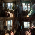 **realistic photograph of a small, cramped city apartment living room, walls on both sides, view of the city outside the windoes. mid-day brightly lit, the camera is at a low angle --ar 16:9** - <@820114505819226165> (fast)