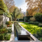 **high quality contemporary garden in London, water feature, green walls, mature trees in autumn, beautiful lawn, sunny day, birds in the sky --v 7.0** - Image #4 <@1013385397600002048>