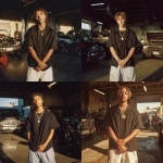 **A young handsome tan-skinned man with short wavy light brown hair stands confidently inside a sunlit garage, wearing a black short-sleeved button-up shirt tucked into very baggy white and blue Jordan pants that drag along the ground, mostly hiding his shoes. He wears a gold chain with a round medallion and a bracelet, hands folded calmly in front of him. The background shows parked trucks and tools in a slightly blurred depth of field. The lighting is warm and natural, with cinematic tones, detailed textures, and realistic soft shadows** - <@1061360796438900746> (fast)