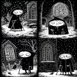**Five of Pentacles tarot card by Sarah Andersen. The image is black and white and depicts a an old hag with crutches walking leaving a man behind passing by the camera. They walk in the snow passing a church window with stained glass depicting five pentacles. The hag wears a cloak. all set against a black background, and the overall design is simple yet striking, in the style of Sarah Andersen. --ar 3:5 --profile fllp7es** - <@409716268476923920> (fast)
-# Create, explore, and organize on [midjourney.com](<https://midjourney.com/imagine?from_discord=1>)