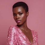 **dark skinned African American model in a mini shiny pink dress with pixie cut tapered hair style** - Image #4 <@1124019347283775508>
