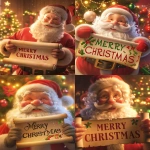 **Close-up photo-realistic 3D render of a friendly, traditional Santa Claus smiling, clearly visible, holding a bright, slightly worn parchment scroll with the words "MERRY CHRISTMAS" written in a classic cheerful font with vibrant holly embellishment.Vibrant, cheerful, and highly saturated lighting, dynamic warm glow, with sparkling highlights.** Background features avividly decorated, brightly lit Christmas tree**, shimmering golden fairy lights, and sharply defined gift boxes inrich, saturated red, emerald green, and golden yellow colors.** Cinematic studio quality, soft focus background, ultra high detail, expressive textures. --ar 4:5 --niji 6** - <@1211866223701401620> (fast, stealth)
-# Create, explore, and organize on [midjourney.com](<https://midjourney.com/imagine?from_discord=1>)
