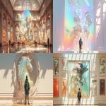 **wide shot of an art gallery showcasing enormous wide shot of an art gallery showcasing maximalist ultraviolet unicorn ukiyo-e painting, by elsa bleda, minimal male figure in LV suit under natural light and dramatic shadows in The Louvre "2024-11-23" --ar 9:5 --sref 1511988824 --stylize 888 --niji 6** - <@1121310536559243315> (relaxed)