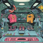 **A flat, straight-on comic-book style illustration of a Moon Boot gear wall inside a retro-futuristic spaceship. The perspective is fully frontal no vanishing point, no depth. The interior features modular sci-fi wall panels and a command module vibe mechanical, functional, slightly industrial. Hanging Moon Boot t-shirts with space-race graphics and stacked boots are rendered in bold silhouettes. The color palette is dark and grounded: charcoal black, olive green, chrome silver, and bubblegum pink accents. Pops of lemon yellow used sparingly. Solid colors only no gradients, no pastel tones, no realistic lighting. The style is inspired by Syd Mead’s early industrial designs and 1980s sci-fi comic books. Feels like a gear locker panel aboard a racing spaceship, drawn for a vintage catalog or sticker sheet. --v 6.0 --ar 9:16 --raw** - Image #1 <@1053079618342633592>
