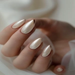 **champagne chrome french tips on light pink base, delicate and editorial manicure, soft luxury tones, almond shape, close-up on hands in soft lighting, styled with silk or tulle, elegant minimalism for winter --v 6.0 --ar 2:3 --raw** - Image #4 <@1321895242076520463>