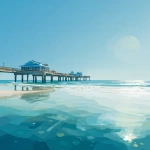 **A bright, circular image, stylized Clearwater Beach including pier 60, Florida in full daylight, featuring the beaches in a minimalist, flat color style. Clean lines, bold colors, and glowing reflections create a vibrant, blue, cartoon-like atmosphere. The scene is bathed in bright midday sunlight, ensuring a pure daytime look. realistic** - Image #1 <@916477666708848640>