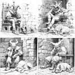 **black and white line art of a medeival court jester sitting on a king/s throne in the pose of rodin/s the thinker. The jester is wearing a jesterhat with three bulbous protrusions with bells on the tips. there is an old german shepherd dog lying down at the jester's feet laying down with its head on on a stone floor. the throne is in a castle room with stone walls that are beginning to decompose. --v 7.0** - <@897244946770296893> (fast)