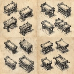 **instructional illustration, detailed black and white engraving, clean style as in a training manual, depicting four tables set up in a gaming room, fine linework, printed on aged parchment, no color, historical authenticity, high contrast --ar 3:2** - Variations (Strong) by <@806727373508706334> (fast)