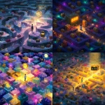 **A bright and happy Disney-style scene of a vast maze with scattered treasure chests, a person looking down sadly at a dead end, a glowing digital timer above, colorful, magical, heartwarming atmosphere.** - <@1293468415985451029> (fast)