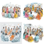 **An Indian jewellery factory workplace scene showing HR-led change management. Employees in sarees and uniforms gathered in a workshop, listening and engaging with empathy, symbolizing emotional barrier resolution. Managers and union leaders sitting together in transparent dialogue, shaking hands to build trust. Workers participating actively, pointing at charts and plans, symbolizing inclusion and ownership as co-creators. A small group celebrating with claps, recognition boards, and weekly update charts pinned on walls, symbolizing celebrating small wins. Pen-and-ink illustration, detailed linework, colorscale shading, white background, uplifting and collaborative mood.** - <@1161879354951880775> (fast)