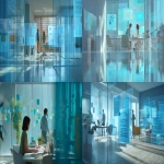 **cinematic wide-angle shot of a modern workspace filled with soft natural light. Two professionals collaborating around floating translucent panels with subtle document icons, smooth holographic layers and organized notes. Minimalistic environment, calm blue-acqua palette inspired by trustworthy institutional design, soft volumetric light, elegant reflections on glass surfaces. Mood inspired by Roger Deakins: natural contrast, gentle highlights, clean composition. Editorial, realistic, sophisticated, sense of clarity and productivity. --ar 16:9 --q 2 --raw** - <@800048828048605199> (fast)