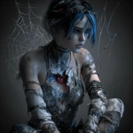 **fantasy concept character, there is a hole in her chest and you can see her heart and inside of her chest there are spiderwebs, she looks sad, she has short black hair with blue strikes, wearing rags and gladiator heels --v 7.0** - Image #2 <@450898678975168513>
