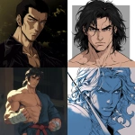 **original anime character, hand-drawn portrait style, thick bold outlines, clean cel-shading, visible sketch lines, crosshatching on fabric folds and underlying anatomy, ultra-detailed line art with zero clutter, sharp and defined facial features, full-color rendering, high visual clarity of face and body, character-centered composition include multiple perspective variants: frontal heroic close-up (face and torso squared), three-quarter angle showing jawline and stance depth, low-angle upward shot for size and presence, high-angle downward for clothing detail, side profile close-up with flowing fabric and sharp expression uncluttered background, zero special effects, only character and clothing, emphasis on silhouette, expression, pose, and detailed costume, anime character design with clear visual logic --niji 6 --raw** - <@266429059049848832> (fast)