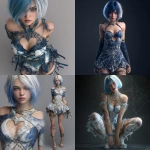 **3d concept art of a beautiful young woman with a blue and white bob hairstyle, wearing a battle-worn dress covered in spider webs, with a heart-shaped hole on her chest, looking directly at the viewer, gladiator heels, in a close-up view.** - <@450898678975168513> (fast)
