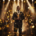 **ultra detailed cinematic illustration, African football player in elegant black suit and tie standing on a golden stage, proudly holding the African Ballon d’Or trophy in his hands, spotlight shining down on him, golden confetti falling, luxurious ceremony background with cheering audience, atmosphere of triumph and recognition, hyper realistic cinematic style, full screen --v 6.0 --raw** - Image #2 <@1402688003251507354>