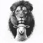 **photo realism. Black and grey design. Male lion posing with a sheep. Sheep is standing in front of lion with lion head towering over. Both animals looking at camera. Clean lines, clean shading. White background --v 6.1** - Image #4 <@651578269954736176>