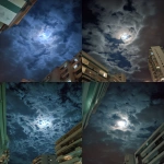 **A photo of the moon taken from my balcony. It's nighttime, and there are some clouds in front of the full moon, which creates an almost luminous effect. The sky has dark blue tones. There are green and white stripes at the top of the picture. In one corner, you can see part of another building with balconies. It all looks very realistic. --ar 3:4 --raw** - <@699706172105556009> (fast)