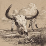 **dibujo de cráneo de vaca con plumas colgando de sus cuernos en un paisaje desértico --v 7.0** - Image #1 <@1099054943794647211>