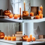 **<https://s.mj.run/ZZjoODn8UNs> A realistic photo featuring a white horizontal tabletop in the foreground with several small orange candles lit. In the background, a few subtle Halloween-themed details such as a small carved pumpkin, a closed spell book with worn pages, a black spider crawling on a corner, and a faint spider web against the wall. The scene is softly lit with natural daylight, creating a minimalist yet spooky autumn atmosphere without being overly decorated. --s 525 --c 10 --v 6.1** - <@437658373576720385> (fast)